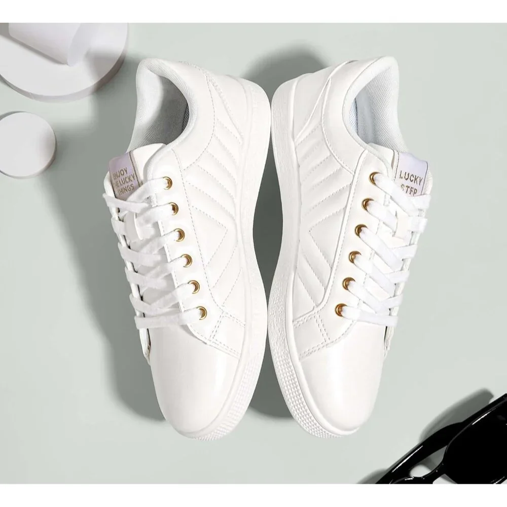 Women's White PU Glitter Shoes Sparkly Bling Shiny Bedazzled Lace Up Sneaker - Picture 3 of 9